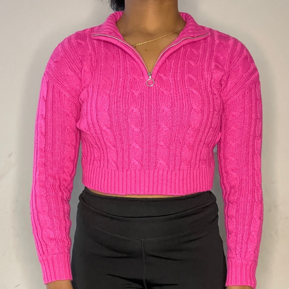 Pink Cable Knit Crop Sweater